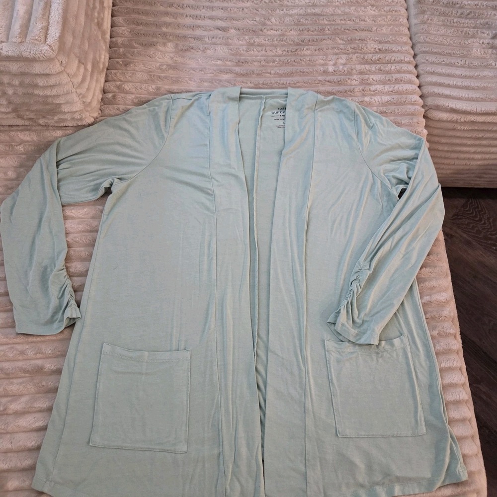Torrid 1X Super Soft Knit Lightweight Cardigan Open Front Pockets Mint Green